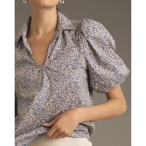 Bishop + Young Sofia Top Size L Blue Bubble Sleeve Cotton Floral Blouse Casual